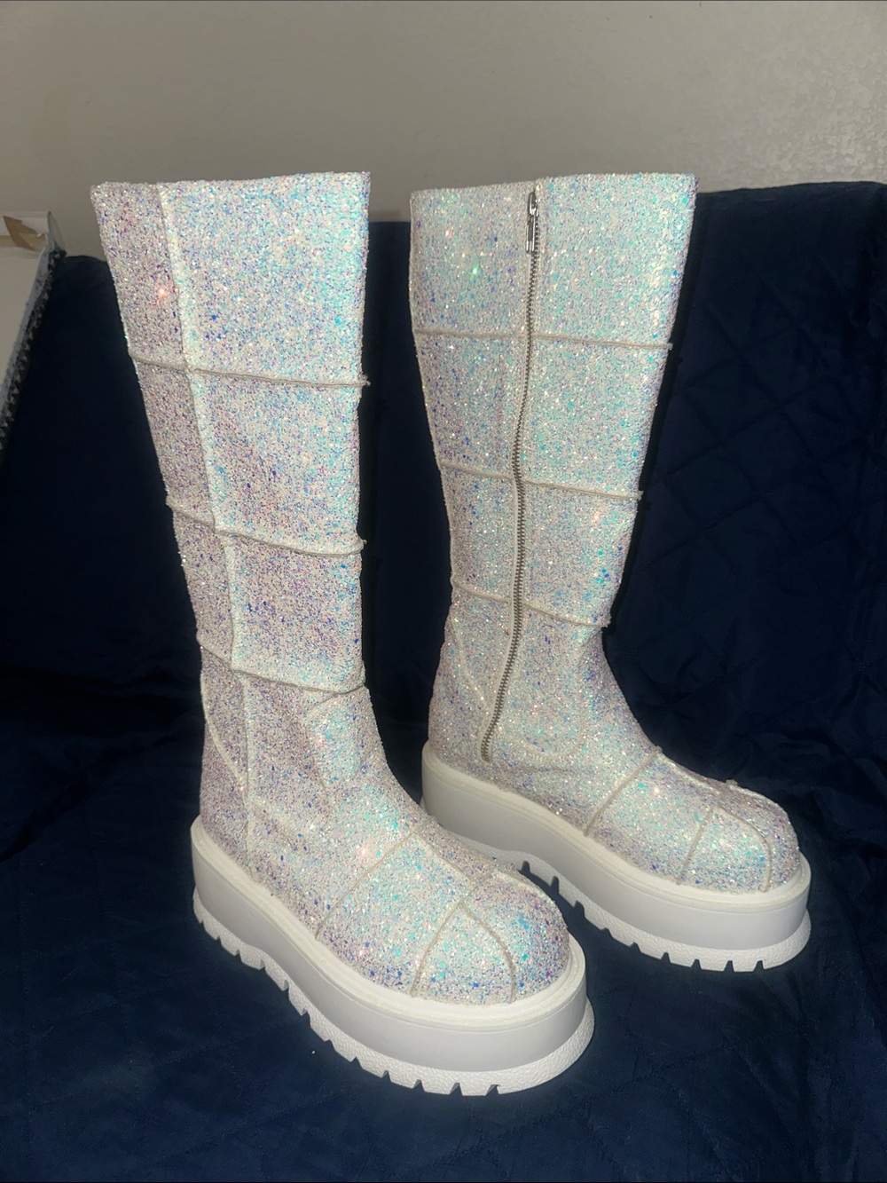 Demonia Sparkle White Glitter Platform Knee Boots - Women's Size 8